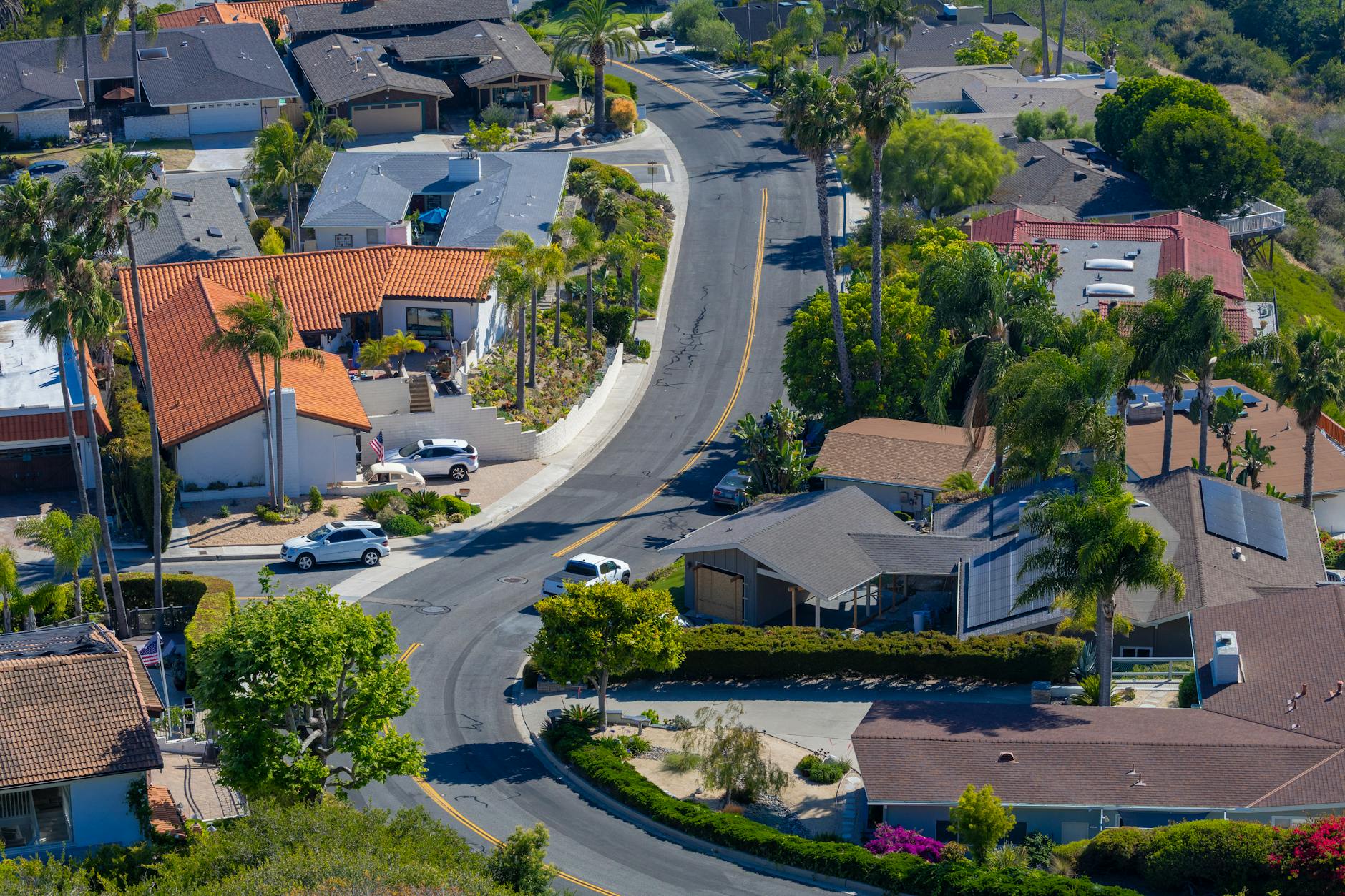 Aerial view of a charming San Clemente suburb with palm trees and red roofs on a sunny day.